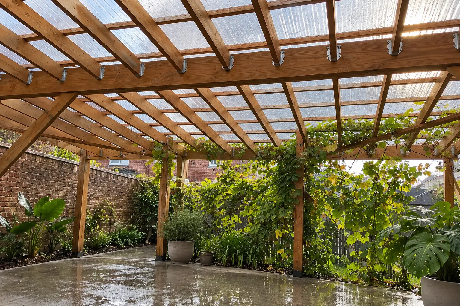 Pérgola de madera con techo de policarbonato en un patio