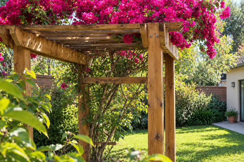 Pérgola de madera en un jardín con enredadera